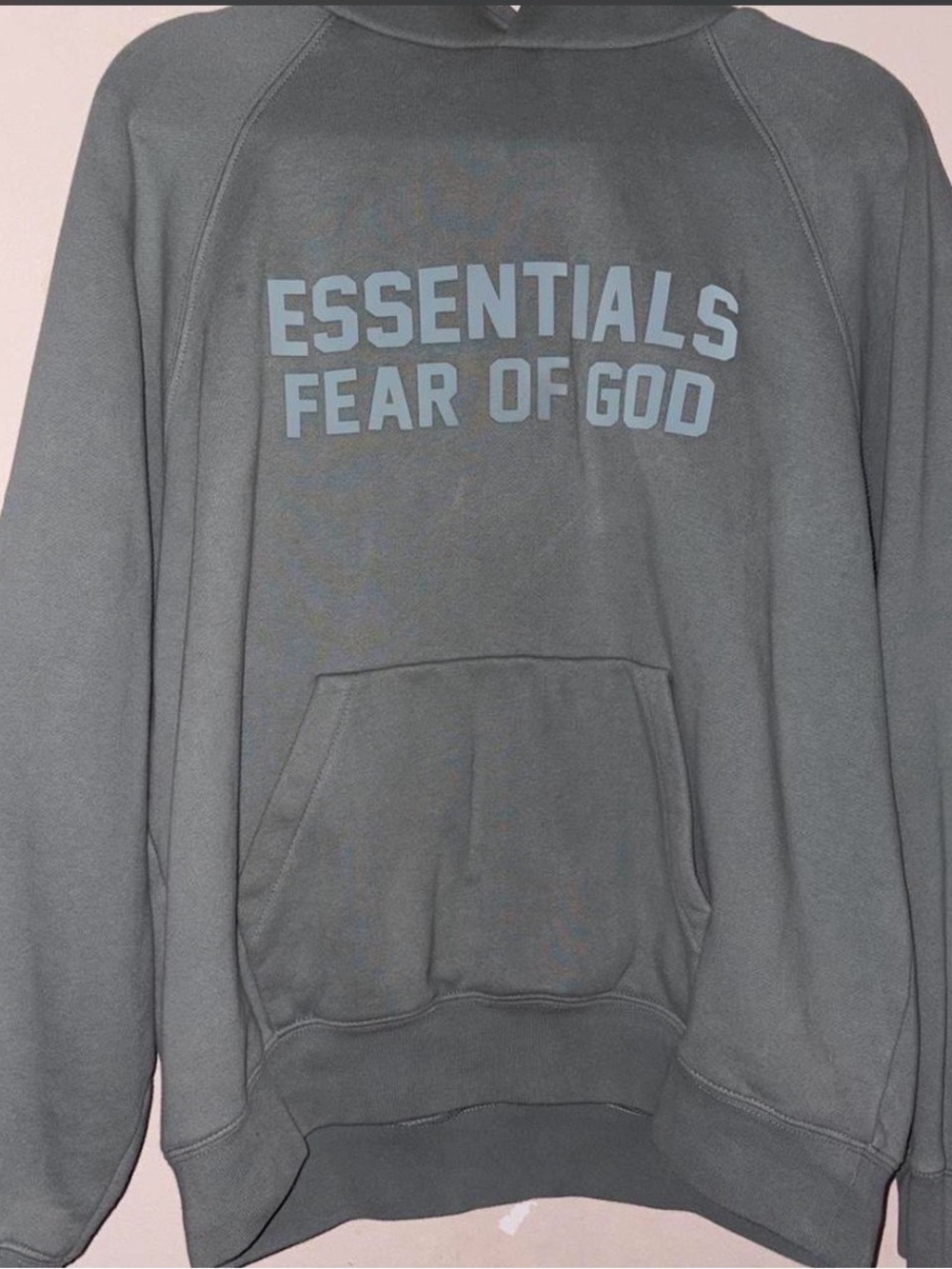 Fear of God ESSENTIALS Hoodie in Gray with Light Blue Print